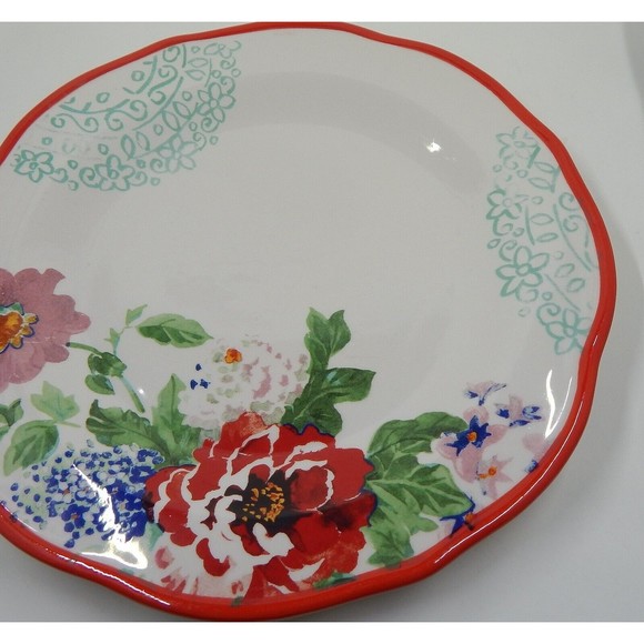 Pioneer Woman Country Garden Floral Dinner Plates Set of 2 Scalloped Red Trim - Picture 10 of 12